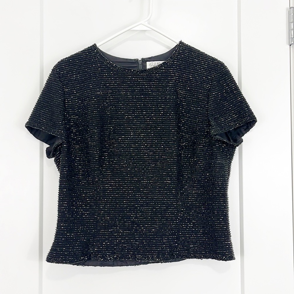 Bob Mackie Vintage XL Black Beaded Sequin Short Sleeve Blouse Top